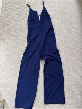 Deep Blue Plunge V-Neck Wide-Leg Jumpsuit